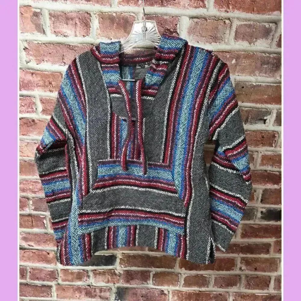 Hydration Nation Baja Hoodie S | Mexican Artisan Red Blue Boho Surf Festival Y2K